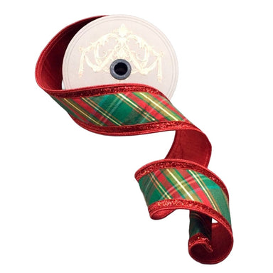 2.5 in Dupion Diagonal Plaid Ribbon - Red/Green/Gold