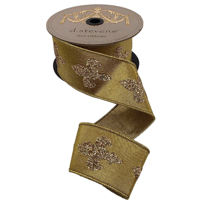 2.5 in Metallic Dupion Gold Glitter Fleur de Lis Ribbon - Gold