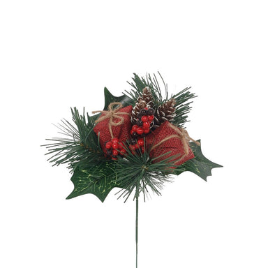 7 1/2 in Burlap Gift Box/Cone/Berry/Holly Pick - Red/Natural
