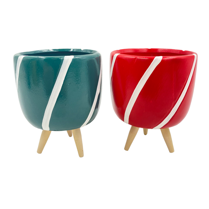 Striped Pot w/Wooden Legs - Red or Green