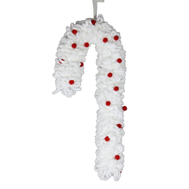 19 in Pom Pom Candy Cane Ornament - White/Red