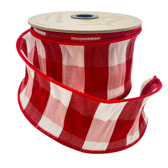 2.5" Faux Dupion Check Ribbon - Red/White