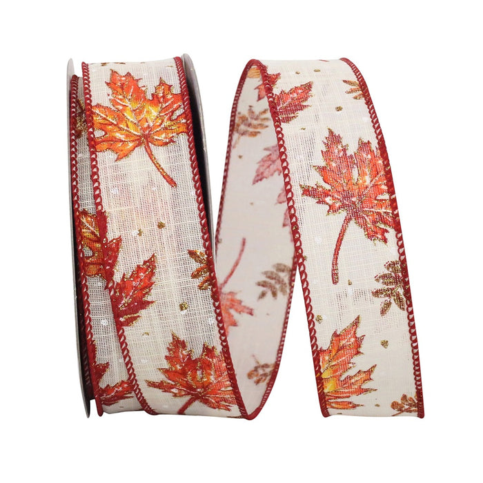 1 1/2 in Leaf Glitter Highlights Linen Touch Wired Edge Ribbon - Ivory