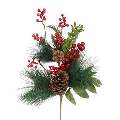 27" Pine/Boxwood/Styrofoam Berry Spray w/Lacquered Cone