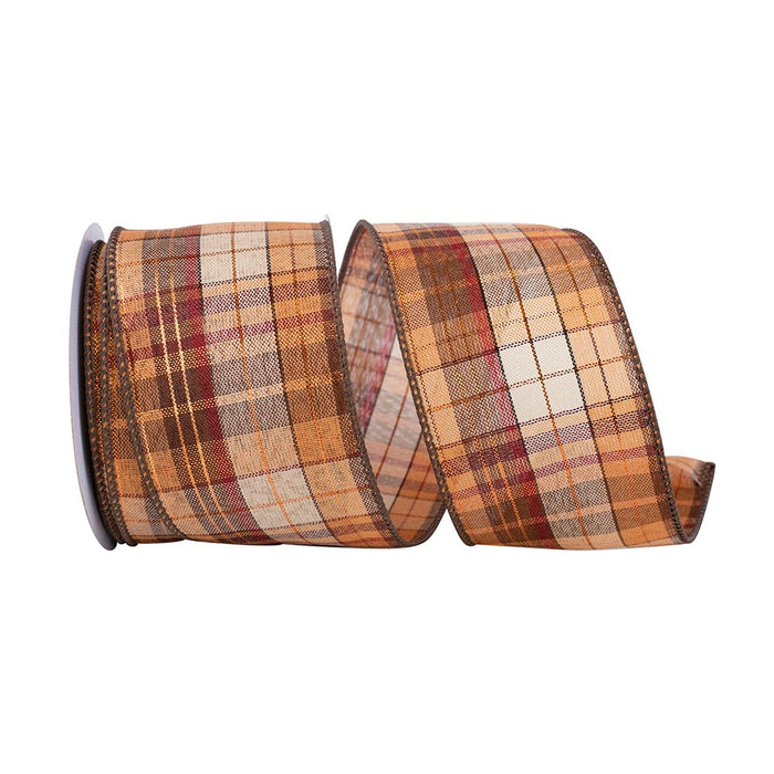 2 1/2 in Chocolate Copper Plaid Wired Edge Ribbon - Copper