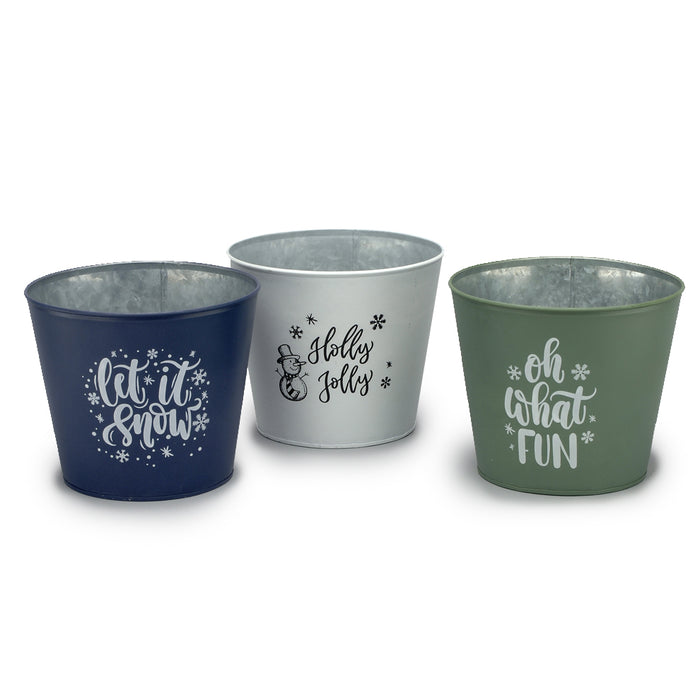 Metal Xmas Pot w/'Oh What Fun' & 'Let It Snow'