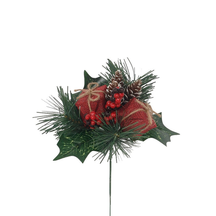 7 1/2 in Burlap Gift Box/Cone/Berry/Holly Pick - Red/Natural