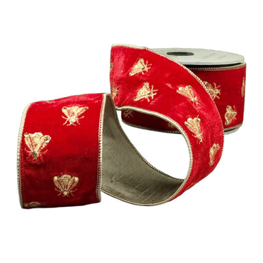2.5 in Velvet Embroidery Bees Ribbon - Red