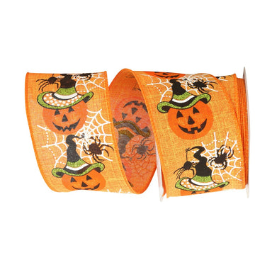 2 1/2 in Jack-O-Lantern Web Linen Wired Edge Ribbon - Orange
