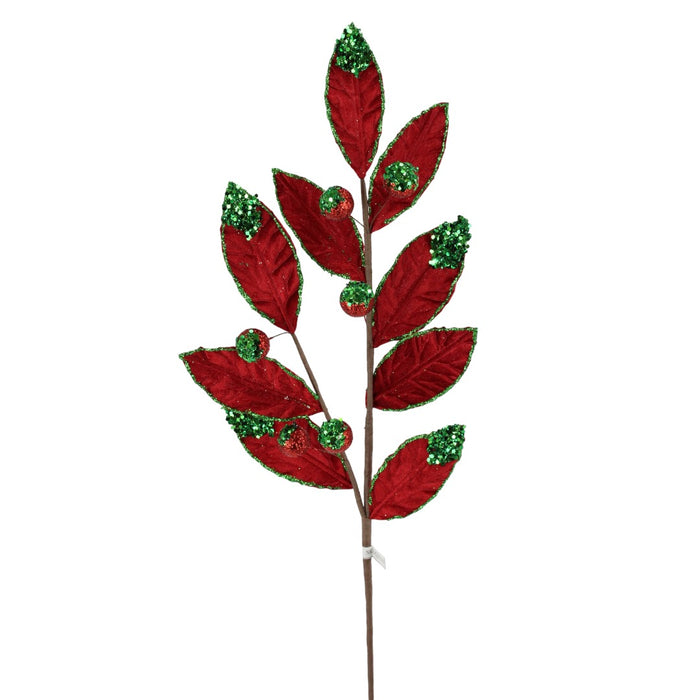 24 in Velvet Glitter Leaf Stem - Red/Green