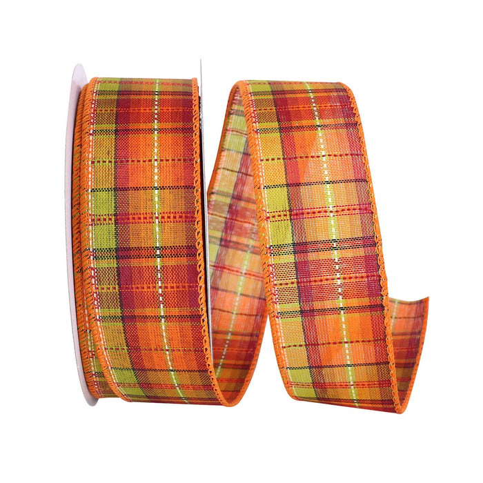 1 1/2 in Field Plaid Stitch Value Wired Edge Ribbon - Orange/Green