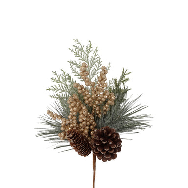 16 in Mix Pine/Glitter Styro Berry/Pinecone Pick - Gold/Green