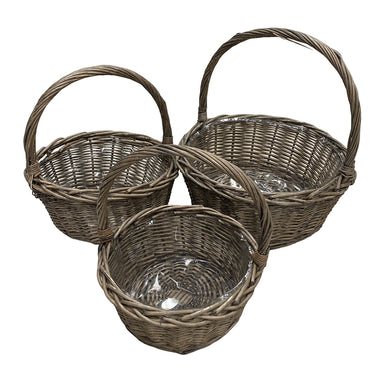Set of 3 Round Gray Wash Willow Basket