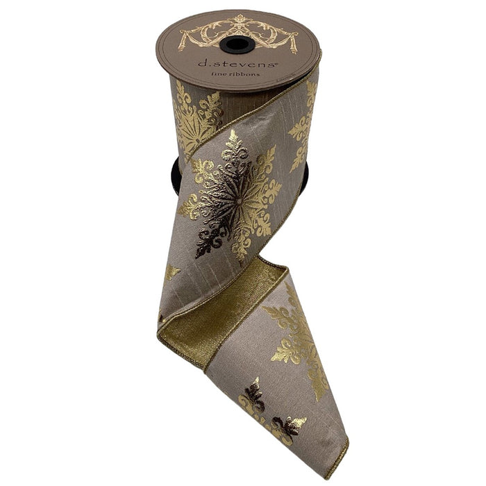 4 in Linen Gold Foil Snowflake Ribbon - Natural