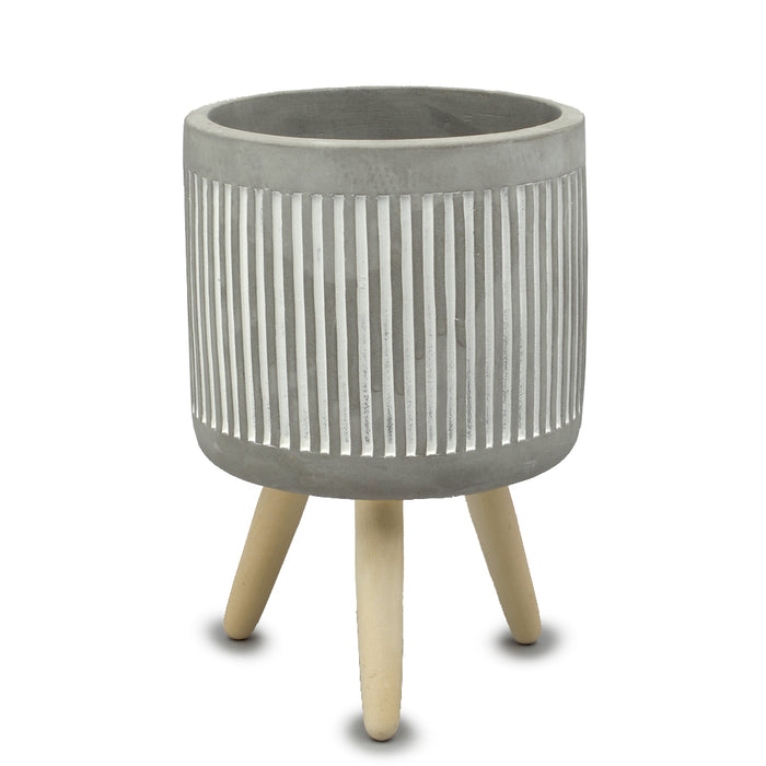 Cement Vertical Rib White Wash Round Pot w/Wood Legs