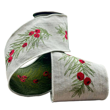 4 in Cotton Embroidery Berry Greenery Ribbon - Cream
