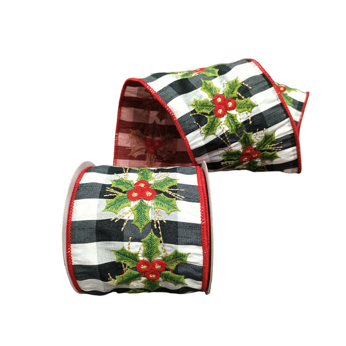 4 in Holly Leaves Berry Check Ribbon - Red/White