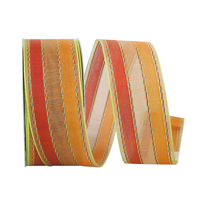 1 1/2 in Stripe Samantha Wired Edge Ribbon - Orange
