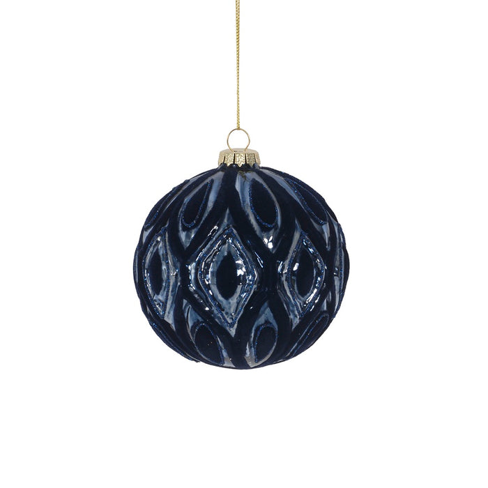4 in Glass Ball Ornament w/Flock/Shiny Drop Relief & Hanger - Blue