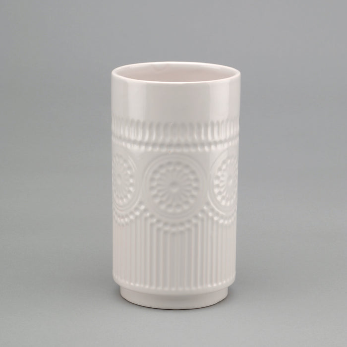 7 1/8" Round Vase w/Medallion Relief - White