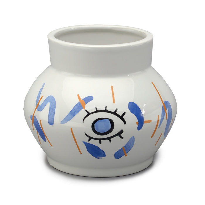 Squat Flower Vase w/'Eye' Design - White/Blue