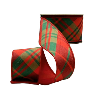 2.5 in Faux Dupion Diagonal Plaid Ribbon - Green/Red