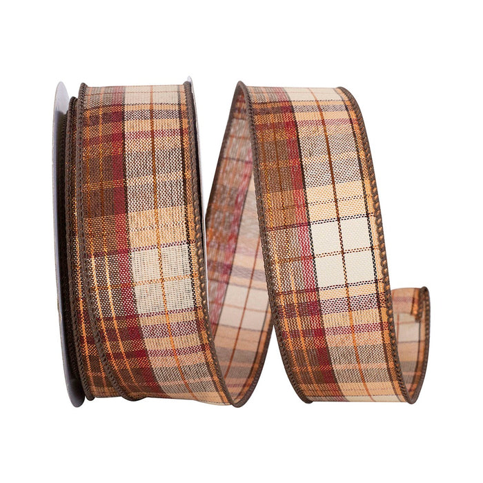 1 1/2 in Chocolate Plaid Wired Edge Ribbon - Copper