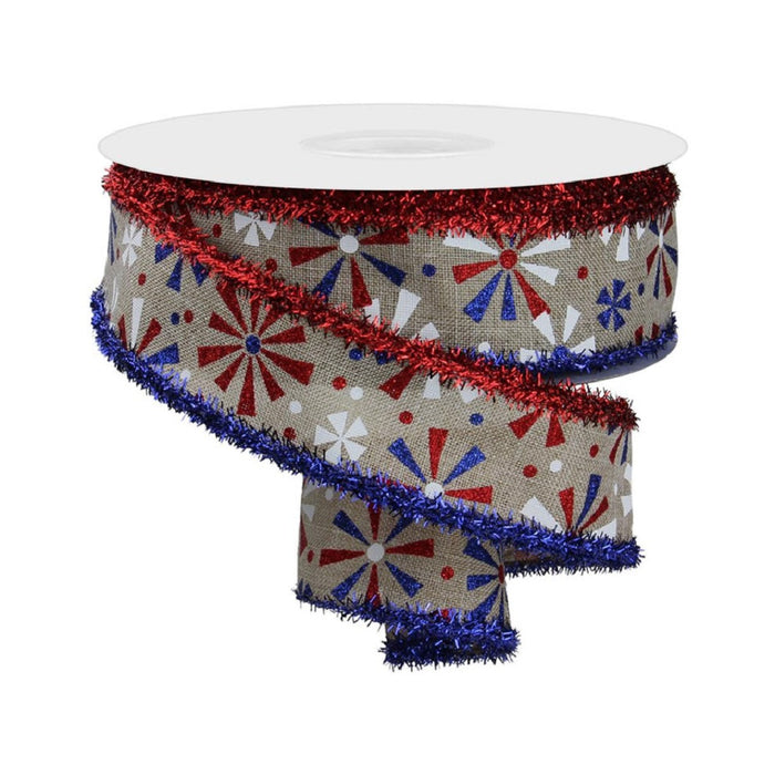1.5 in Vintage Pinwheels/Tinsel Ribbon - Natural/Red/White/Blue