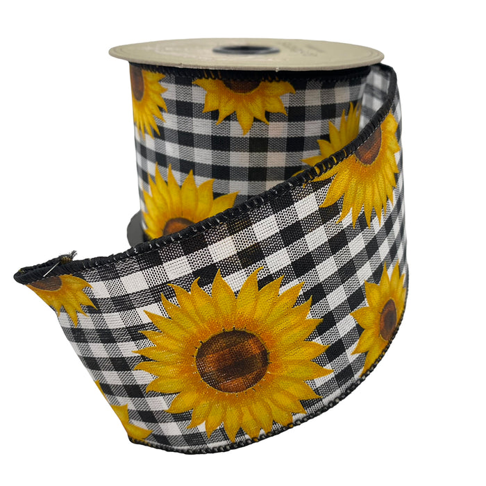 2.5" Linen Check Sunflower Ribbon - Black/White