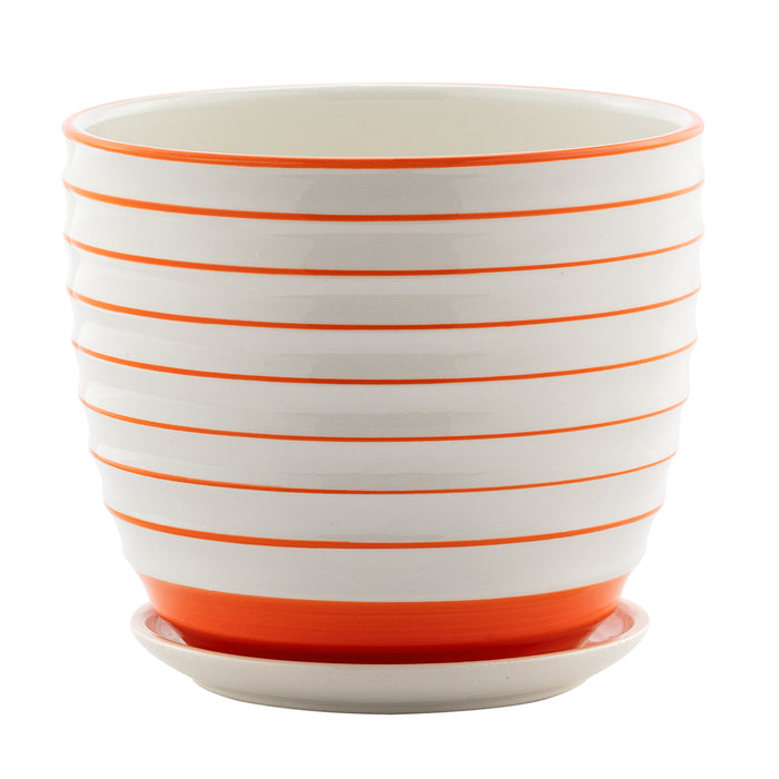 6" White/Orange Striped Pot w/Saucer