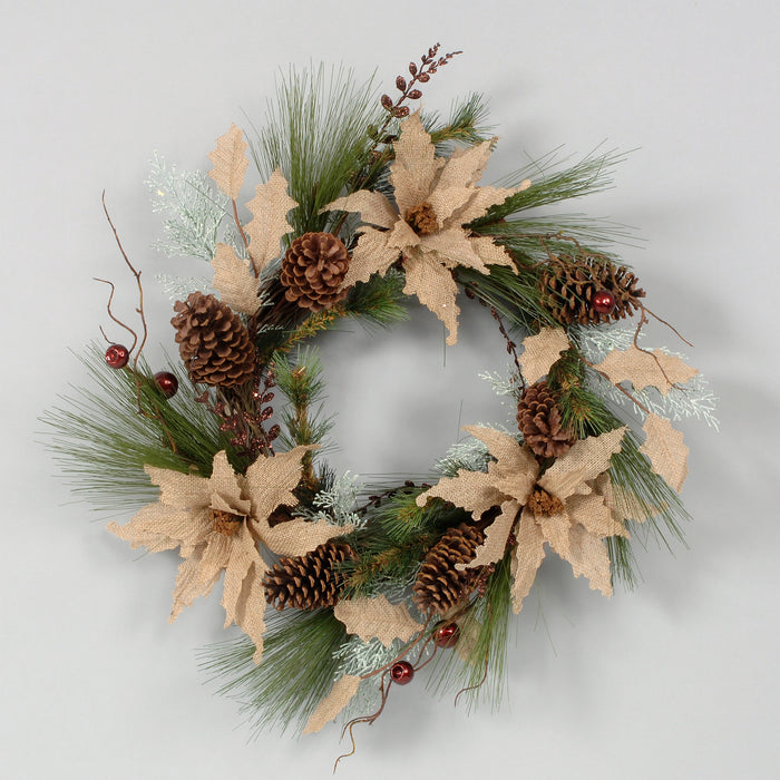 Burlap Poinsettia Wreath - Holly Leaves with Pine Cones - 24 Inches