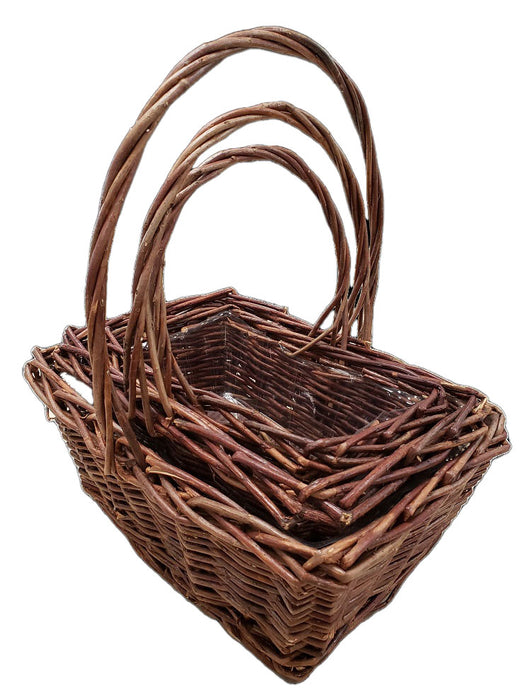 Set of 3 Unpeeled Rectangular Willow Baskets w/handle