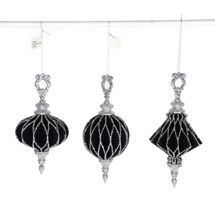 7"/7.5"/8 Glitter Finial Ornament - Black/Silver