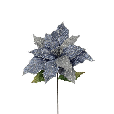 24" Velvet/Glitter/Bead Poinsettia - Blue