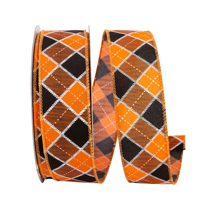 1 1/2 in Check Diamond Season Wired Edge Ribbon - Orange/Black
