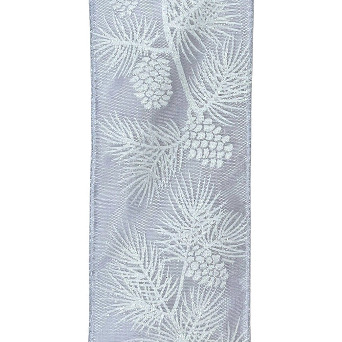2.5 in Pine w/Cones Ribbon - White