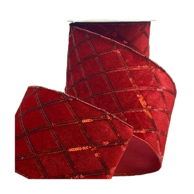 4 in Velvet Red Sequin Harlequin Ribbon - Red