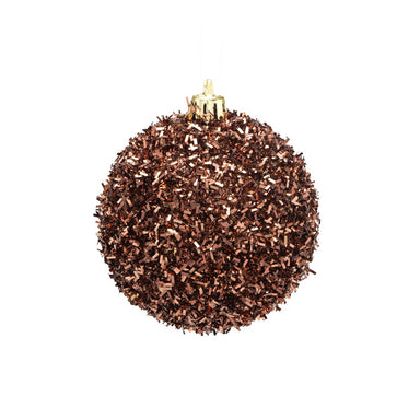 80 Mm Plastic Tinsel Ball Ornament w/Hanger - Brown
