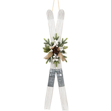 39 in Wood/Metal Skiis w/Deco Trim & Hanger - White/Green