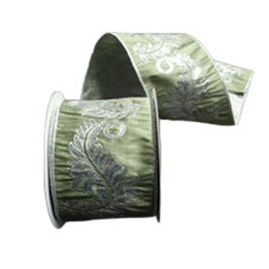 4 in Sequin Fern Embroidered Back Ribbon - Green/Silver
