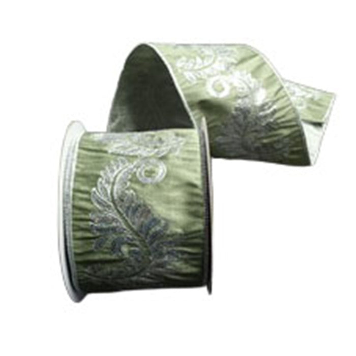 4 in Sequin Fern Embroidered Back Ribbon - Green/Silver