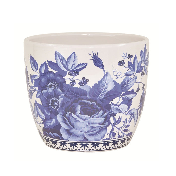 6.25 in Round White/Blue Floral Ceramic Pot