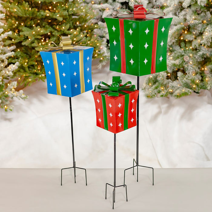 Set of 3 Assorted Christmas Gift Boxes w/Twinkle Stars Iron Garden Stakes