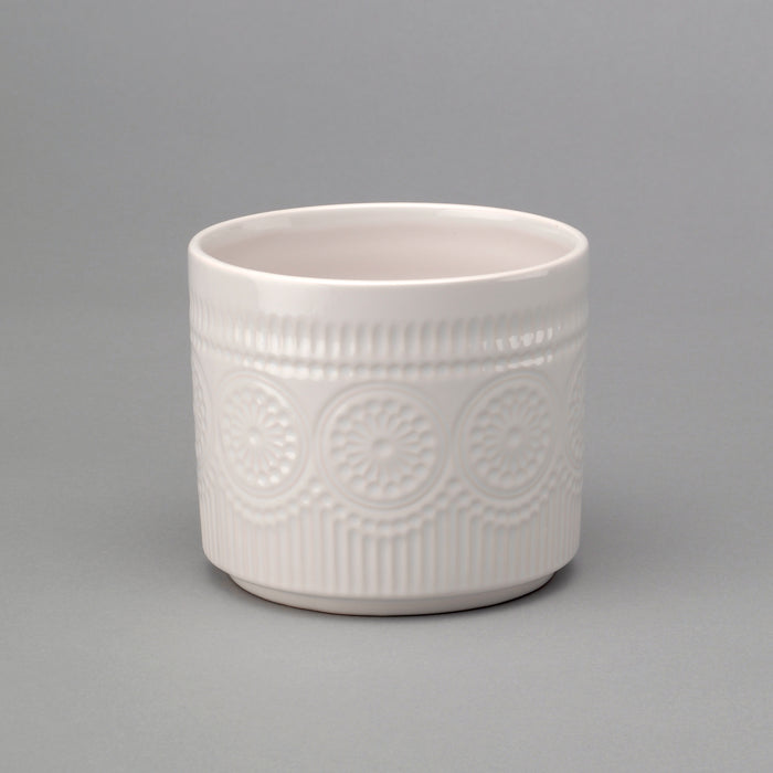 4" Round Pot w/Medallion Relief - White