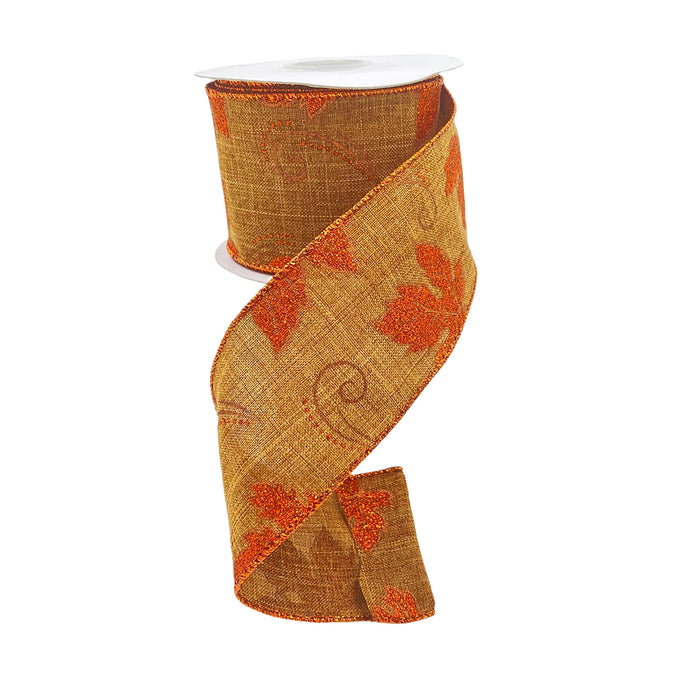 2 1/2" Linen w/Glittered Maple Leaves Ribbon - Natural