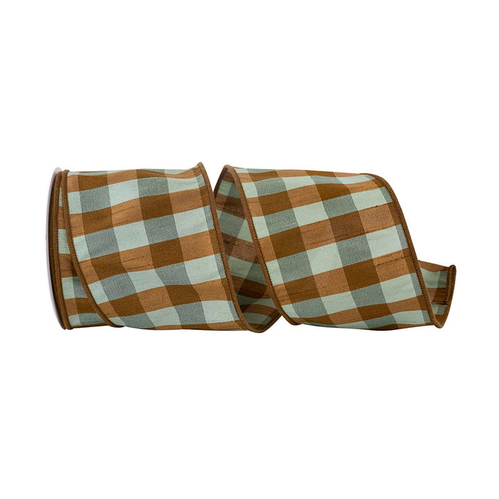 4 in Aspen Dupioni Check Wired Edge Ribbon - Celadon