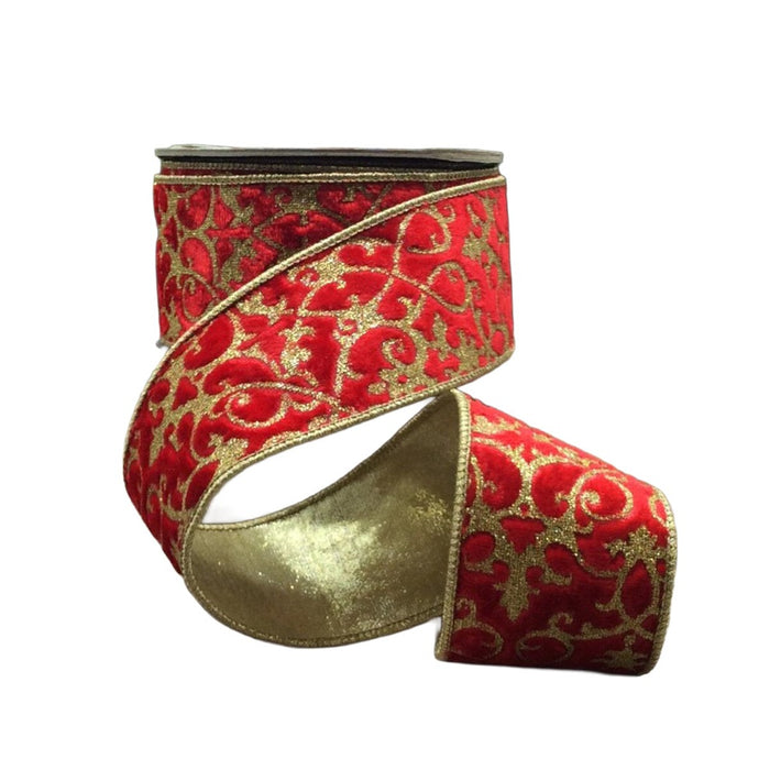 2.5 in Velvet Glitter Treillage Ribbon - Red Hot