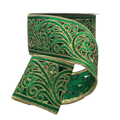 3.5 in Metallic Scroll Garland Ribbon - Emerald