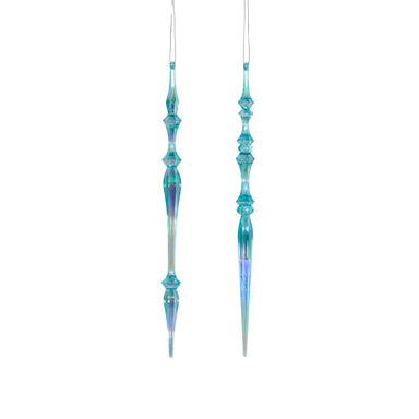 12 in Plastic Finial Icicle Ornament w/Hanger - Blue/Iridescent
