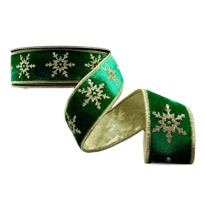 2 in Velvet Gold Glitter Snowflake Ribbon - Emerald